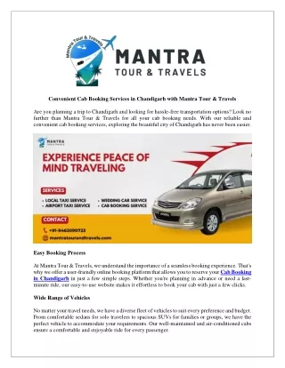 Convenient Cab Booking Services in Chandigarh with Mantra Tour & Travels