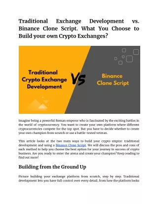 Traditional Exchange Development vs. Binance Clone Script. What You Choose?