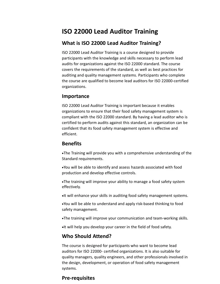 iso 22000 lead auditor training what is iso 22000