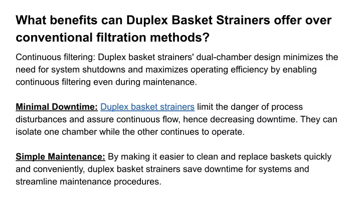 what benefits can duplex basket strainers offer