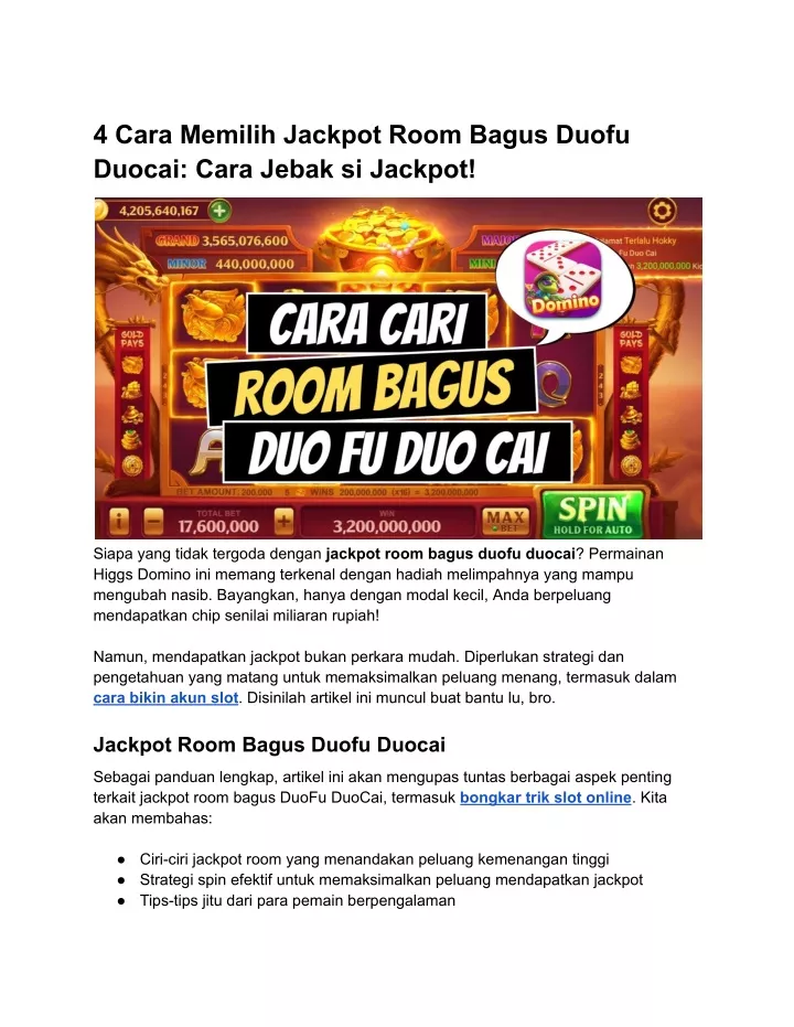 4 cara memilih jackpot room bagus duofu duocai