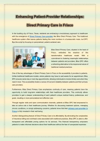 Enhancing Patient-Provider Relationships - Direct Primary Care in Frisco