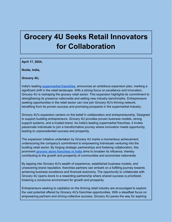 grocery 4u seeks retail innovators