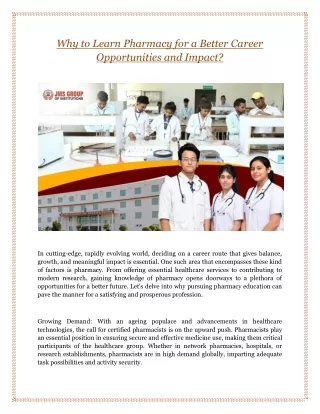 Why to Learn Pharmacy for a Better Career Opportunities and Impact?