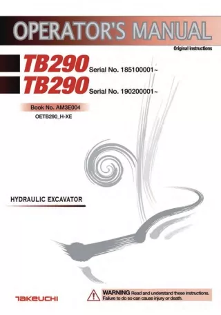 Takeuchi TB290 Hydraulic Excavator Operator manual (Serial No. 185100001 and up)