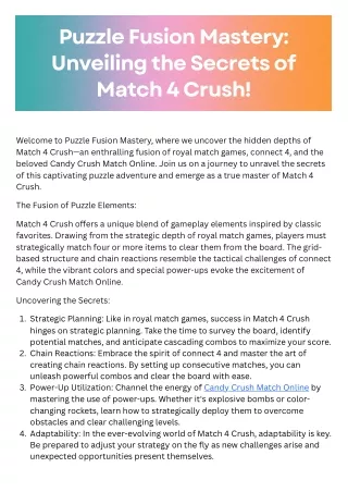 Puzzle Fusion Mastery: Unveiling the Secrets of Match 4 Crush!