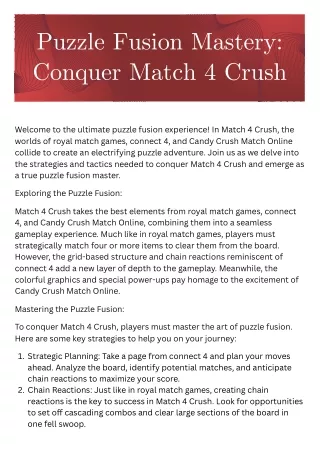 Puzzle Fusion Mastery: Conquer Match 4 Crush