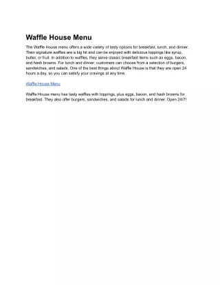 Waffle House menu has tasty waffles with toppings.
