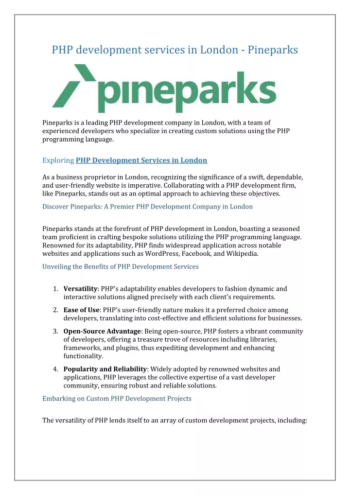 php development services in london pineparks