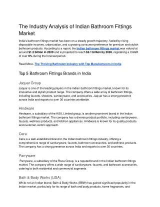The Industry Analysis of Indian Bathroom Fittings Market