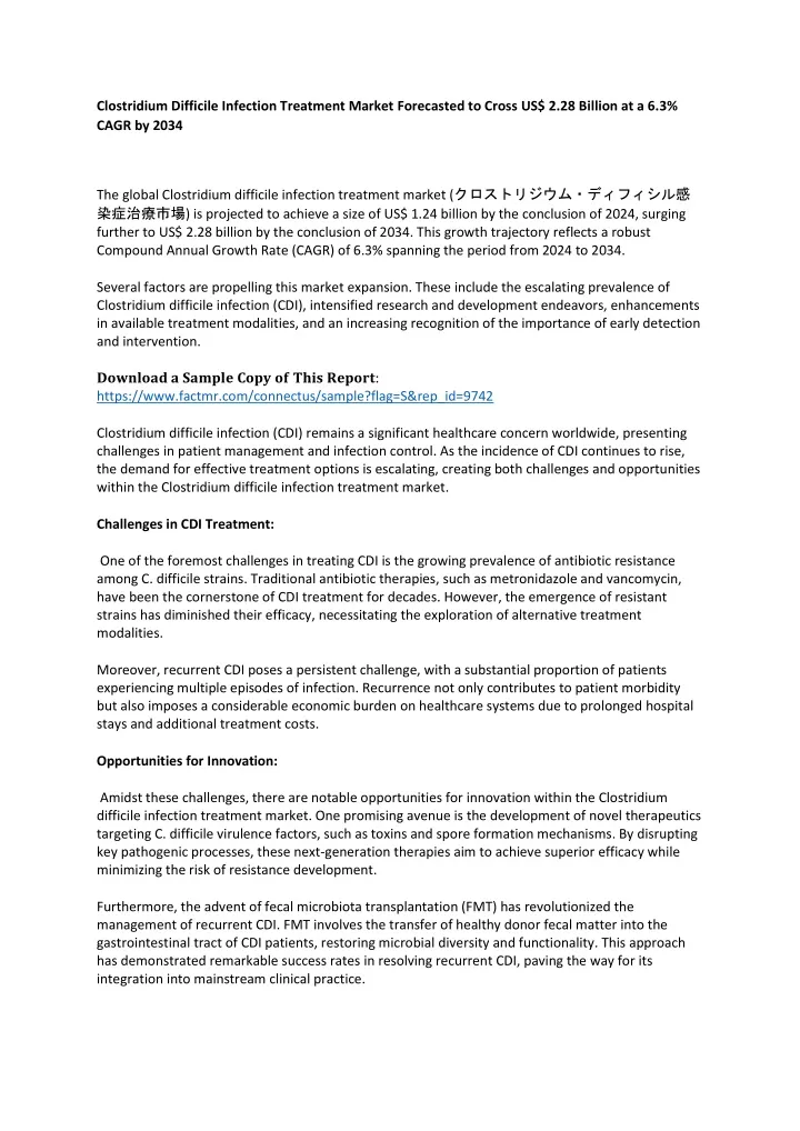 clostridium difficile infection treatment market