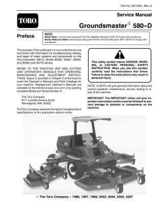 Toro Groundsmaster 580D Mower Service Repair Manual