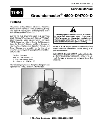 Toro Groundsmaster 4500D Service Repair Manual