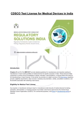 CDSCO Test License for Medical Devices in India - RSI