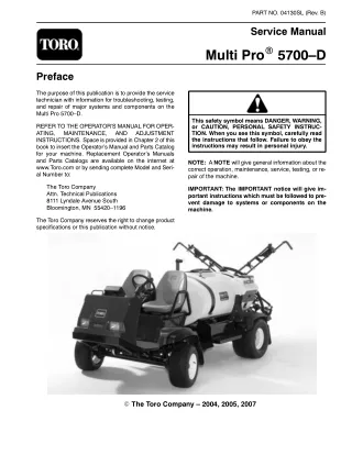 Toro Multi-Pro 5700-D Sprayer Service Repair Manual