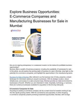 Explore Business Opportunities: E-Commerce Companies and Manufacturing Business
