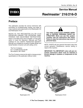 Toro Reelmaster 216 Mower Service Repair Manual