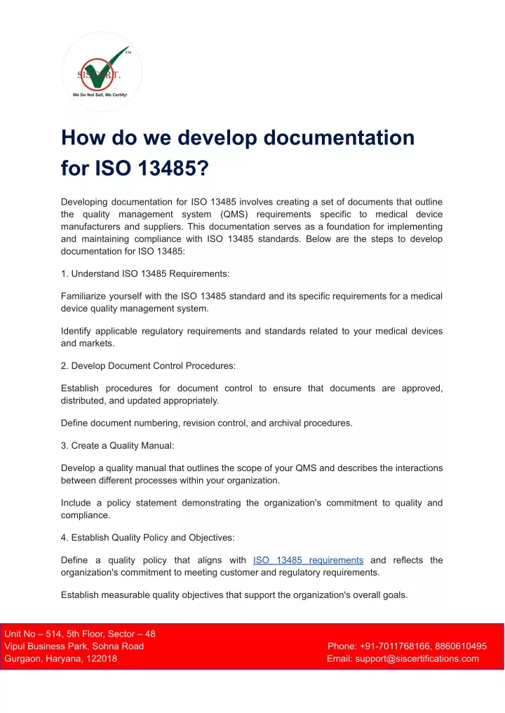 how do we develop documentation for iso 13485