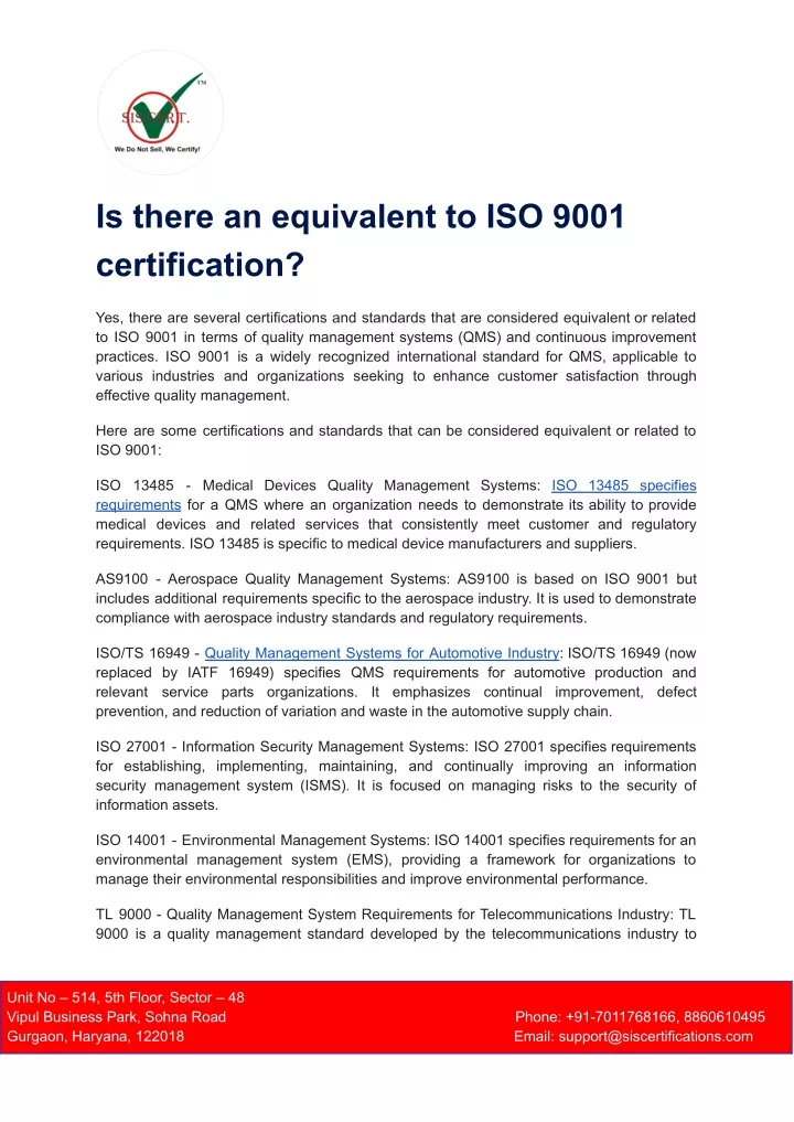 is there an equivalent to iso 9001 certification