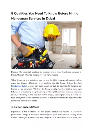 8 Qualities You Need To Know Before Hiring Handyman Services In Dubai