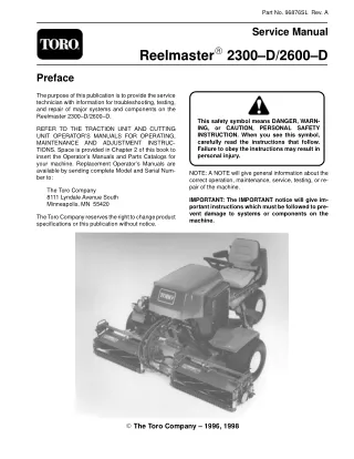 Toro Reelmaster 2600D Mower Service Repair Manual