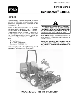 Toro Reelmaster 3100D Mower Service Repair Manual
