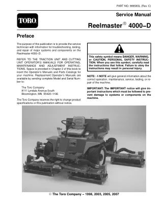 Toro Reelmaster 4000D Mower Service Repair Manual
