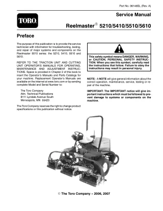 Toro Reelmaster 5410 Mower Service Repair Manual
