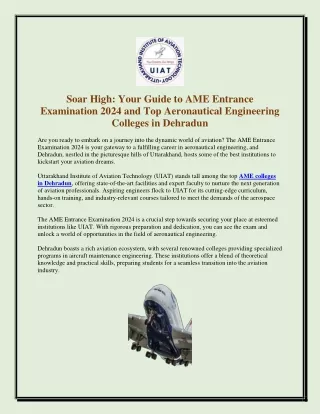 Soar High Your Guide to AME Entrance Examination 2024 and Top Aeronautical Engineering Colleges in Dehradun