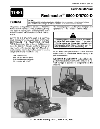 Toro Reelmaster 6500D (Kubota Engine) Mower Service Repair Manual