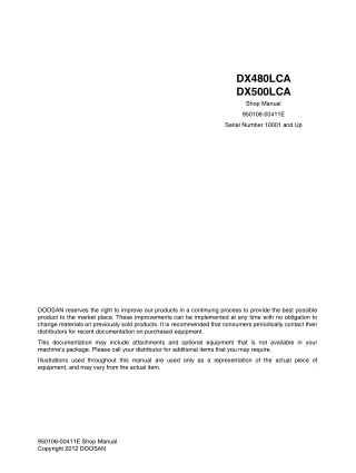 Daewoo Doosan DX480LCA, DX500LCA Excavator Service Repair Manual Instant Download (Serial Number 10001 and Up)