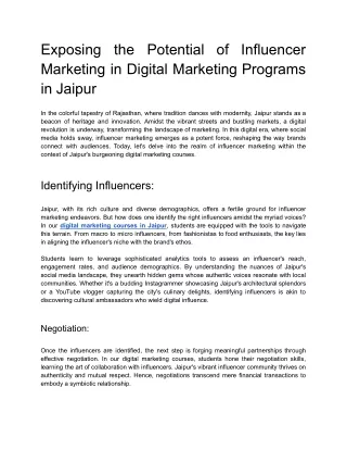 Exposing the Potential of Influencer Marketing in Digital Marketing Programs in Jaipur