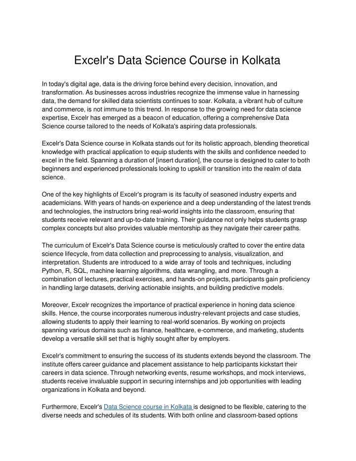 excelr s data science course in kolkata