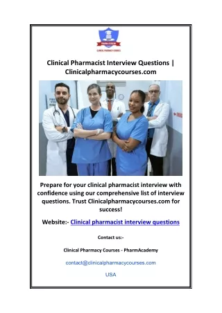 Clinical Pharmacist Interview Questions | Clinicalpharmacycourses.com
