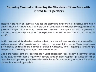 Exploring Cambodia Unveiling the Wonders of Siem Reap with Trusted Tour Operators