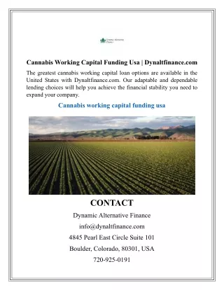 Cannabis Working Capital Funding Usa  Dynaltfinance