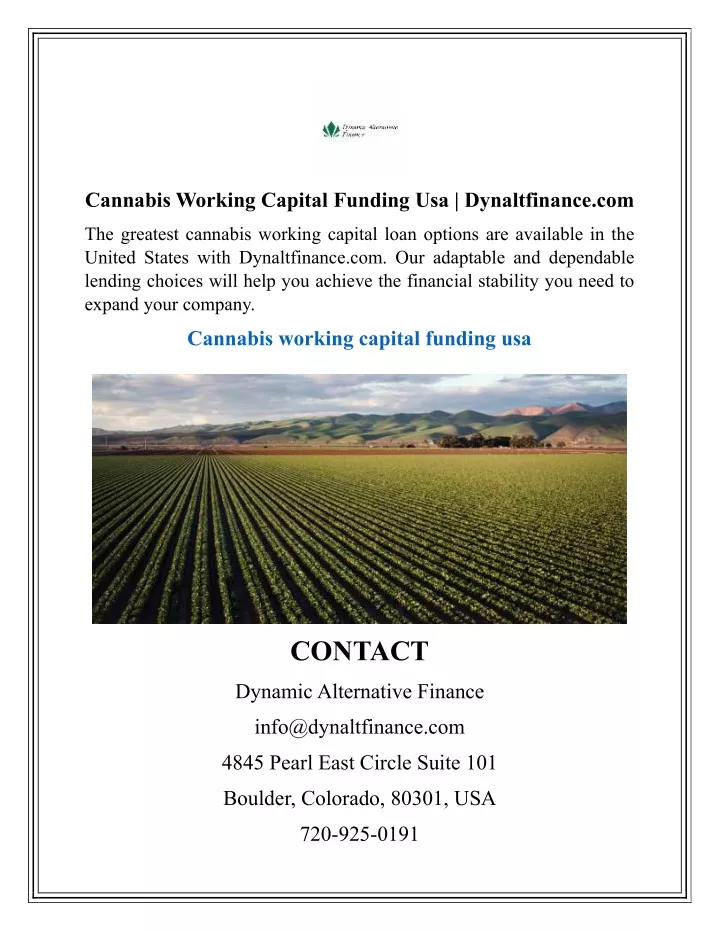 cannabis working capital funding