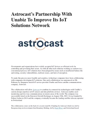 Astrocast’s Partnership With Unabiz To Improve Its IoT Solutions Network