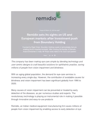 Remidio sets its sights on US and European markets after investment push from Bo