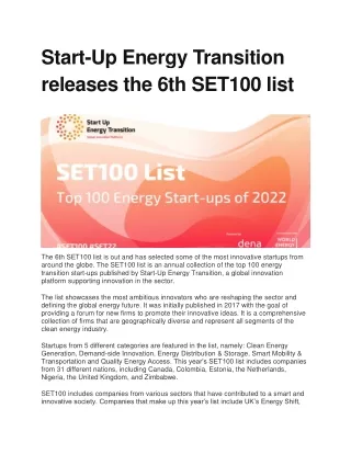 Start-Up Energy Transition releases the 6th SET100 list