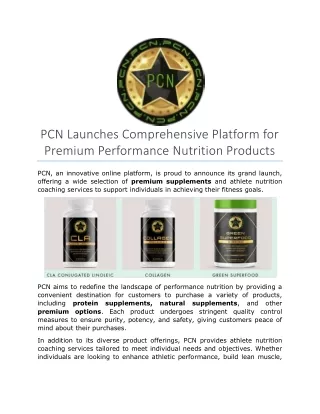 PCN Launches Comprehensive Platform for Premium Performance Nutrition Products