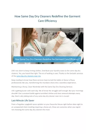 How Same Day Dry Cleaners Redefine the Garment Care Efficiency