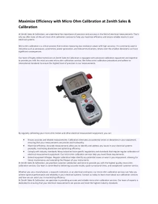 Micro Ohm Calibration at Zenith Sales & Calibration