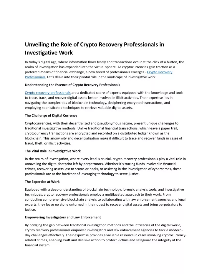 unveiling the role of crypto recovery