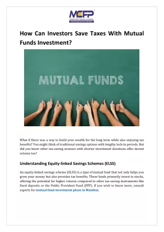How Can Investors Save Taxes with Mutual Funds Investment