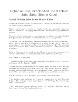 Afghan Actress, Director And Social Activist  Saba Sahar Shot In Kabul