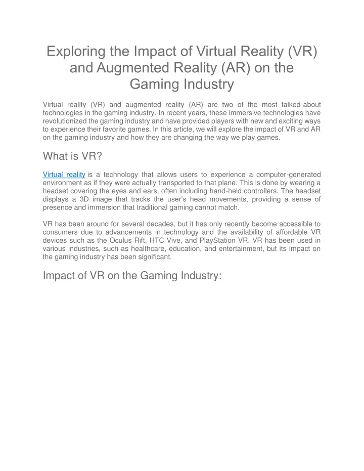 exploring the impact of virtual reality