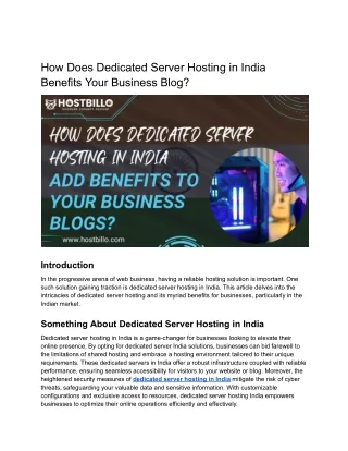 How does Dedicated Server Hosting in India add benefits to your business blogs_