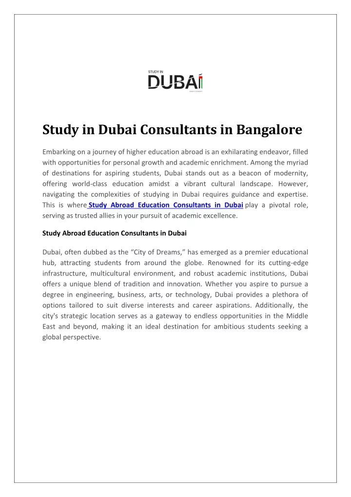 study in dubai consultants in bangalore