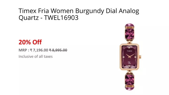 timex fria women burgundy dial analog quartz twel16903